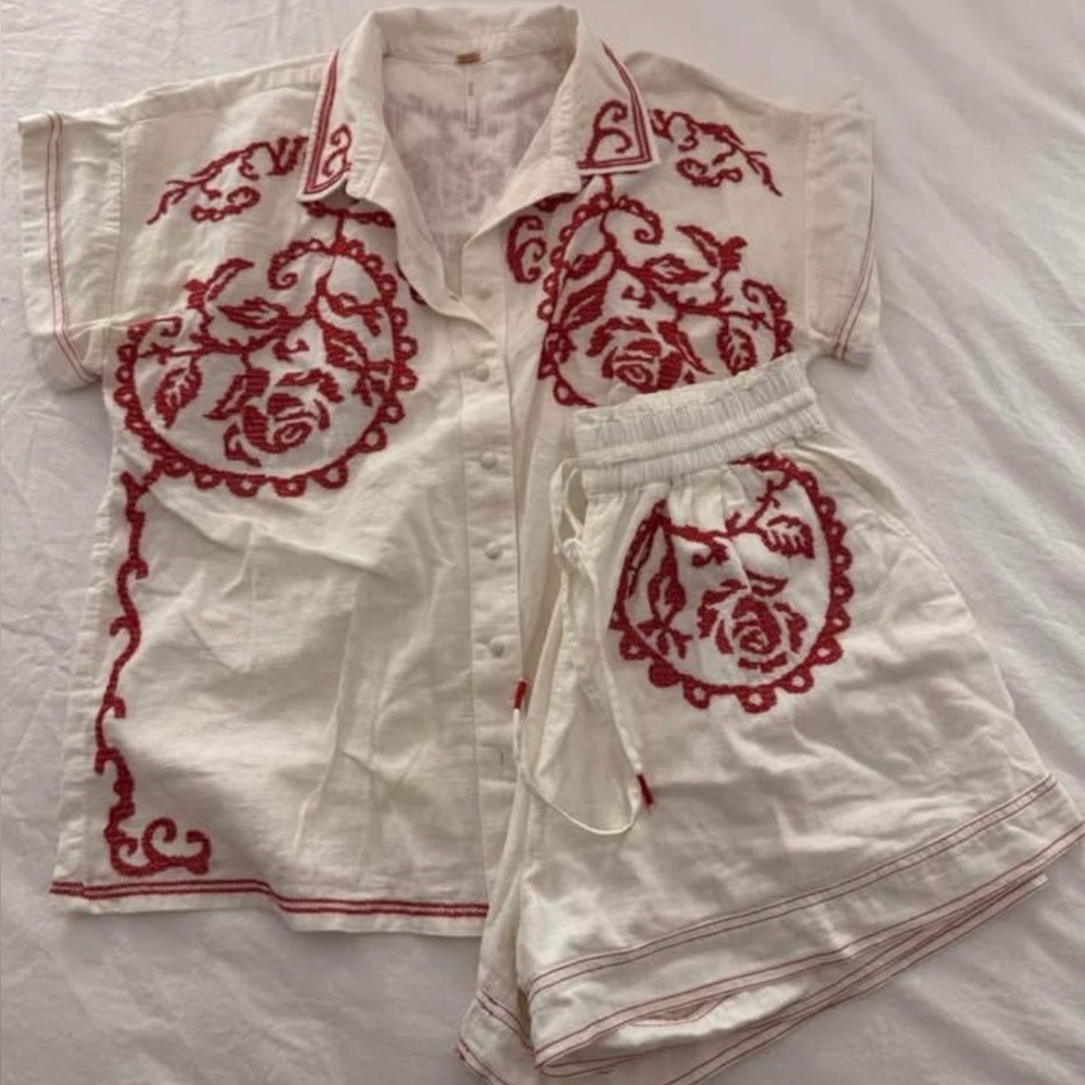 Free People White and Red Embroidered Set